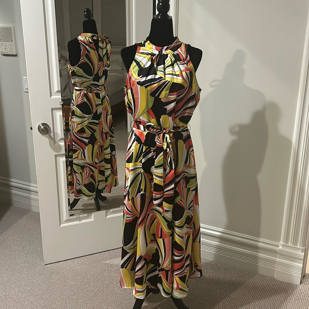 Anne Klein bright multicolor halter maxi dress with waist tie NWT